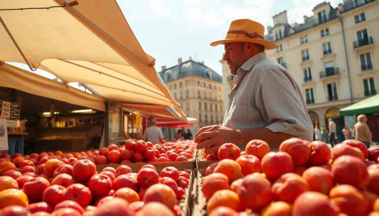 Marchand de fruits parisien avec des fruits secs sous le soleil