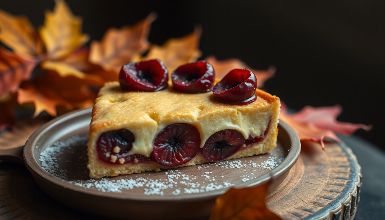 Part de tarte aux pruneaux d'automne, mise en valeur par une lumière chaleureuse, évoquant les saveurs audacieuses du thé fumé.