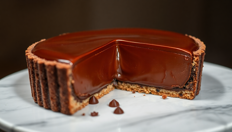 Tranche de tarte au chocolat présentant une ganache lisse, brillante et d'une texture soyeuse, témoignant d'une technique de tempérage parfaite.