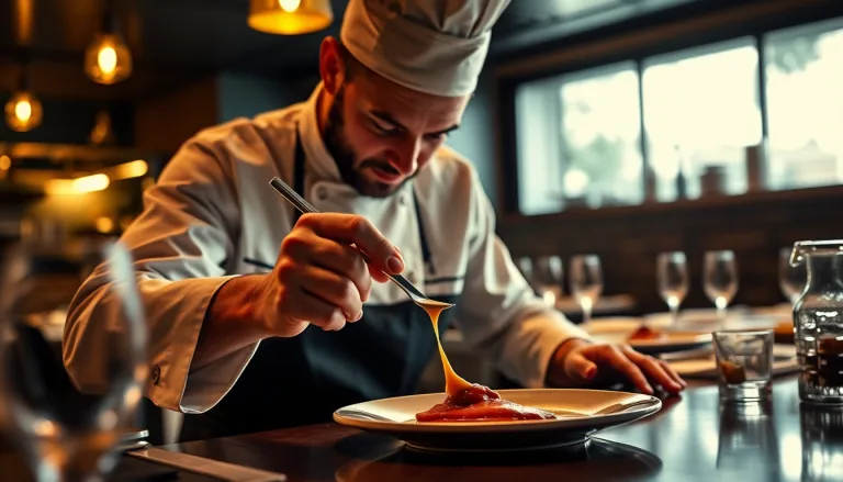 Un chef en cuisine, tenant un plat devant lui avec un air d'importance.