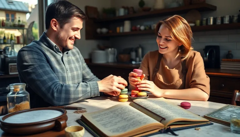 Deux amis observant un macaron parfait avec émerveillement.