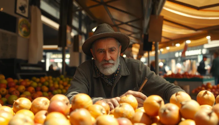 Marché parisien ensoleillé avec des étals de fruits partiellement vides à cause de la sécheresse.
