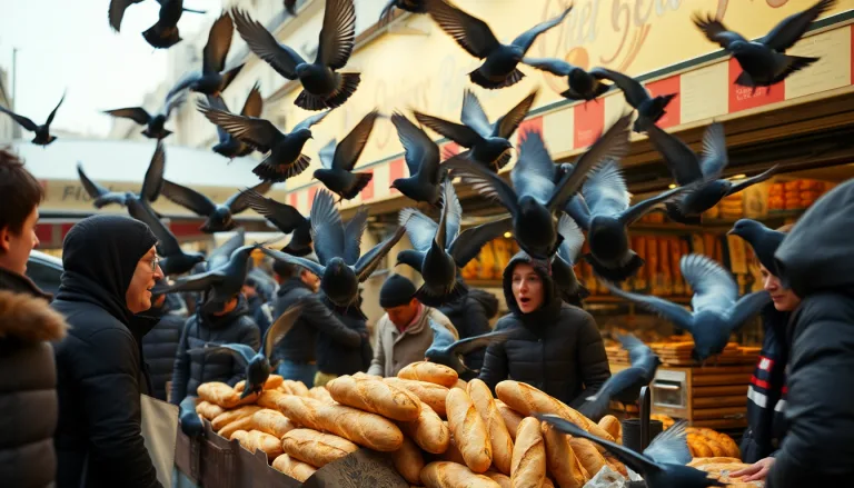 Pigeons picorant du pain sur un étal de marché parisien