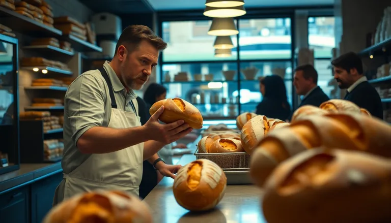Artisan boulanger montrant une baguette fraîche et une autre ayant perdu sa texture
