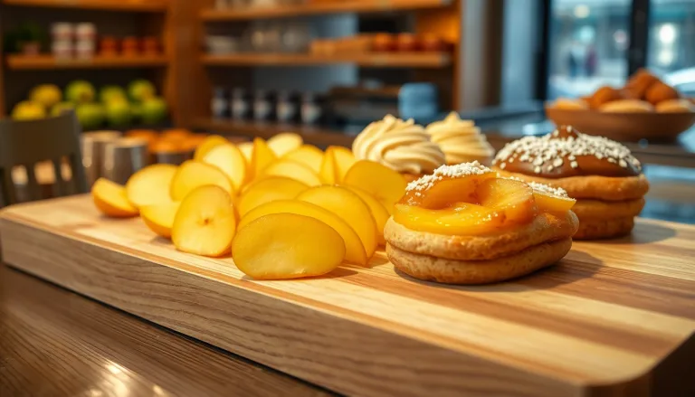 Une main récupérant des épluchures de pommes colorées dans un bol, avec en arrière-plan des desserts parisiens alléchants.
