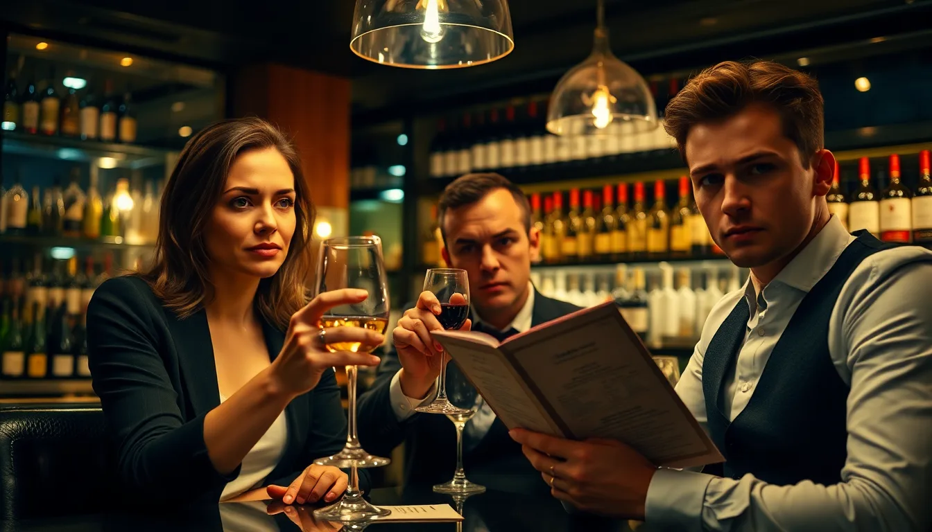 Un sommelier parisien observant attentivement un verre de vin