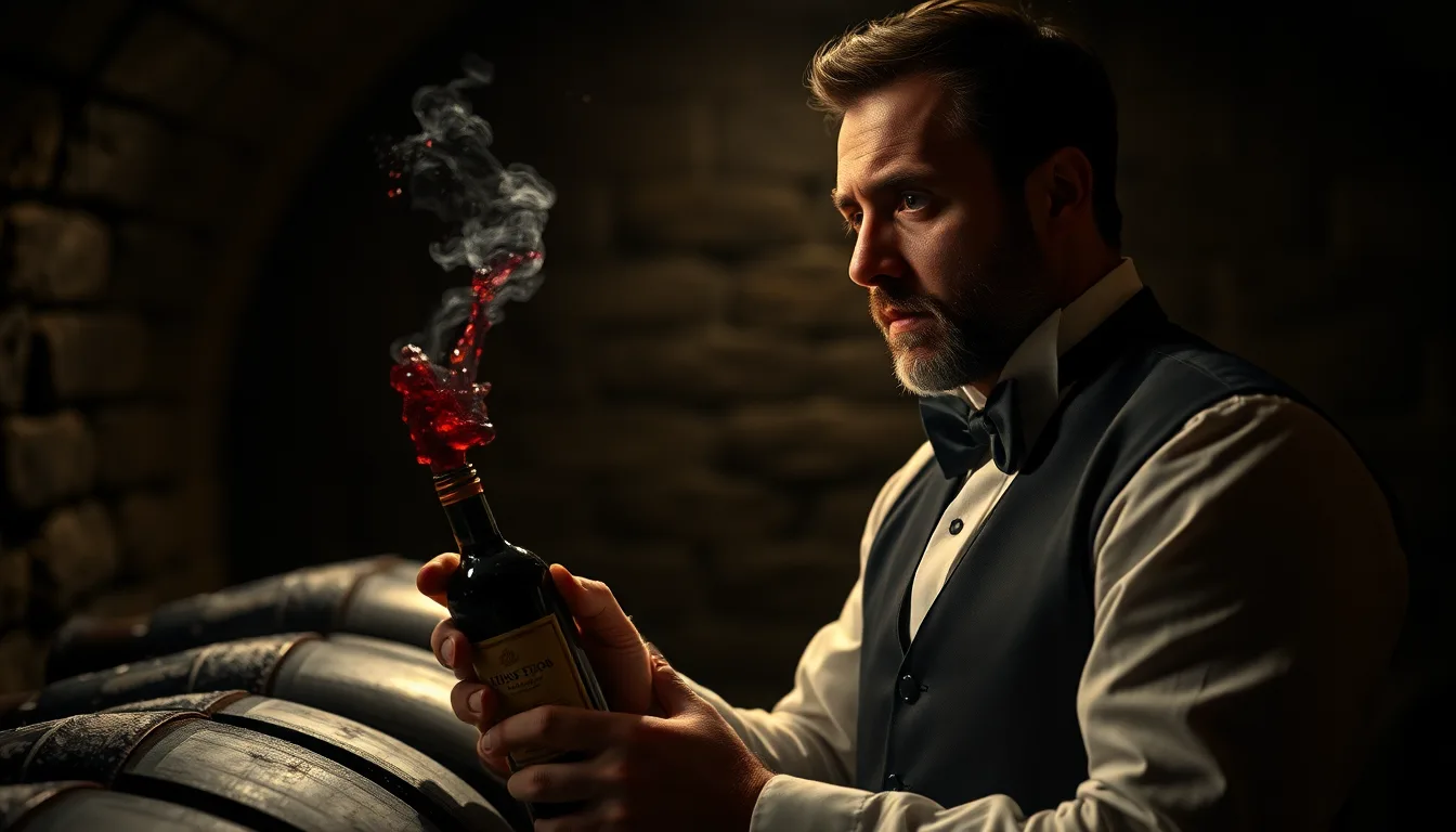 Bouteille de vin ouverte et visiblement oxydée, avec une étiquette d'alerte