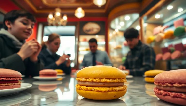 Assiette de macarons durs et abîmés sur une table de café parisien.