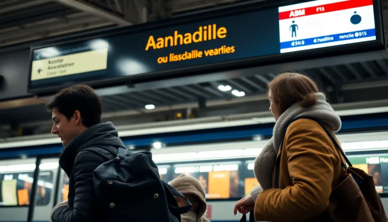 Famille déçue devant un panneau d'affichage de train annulé