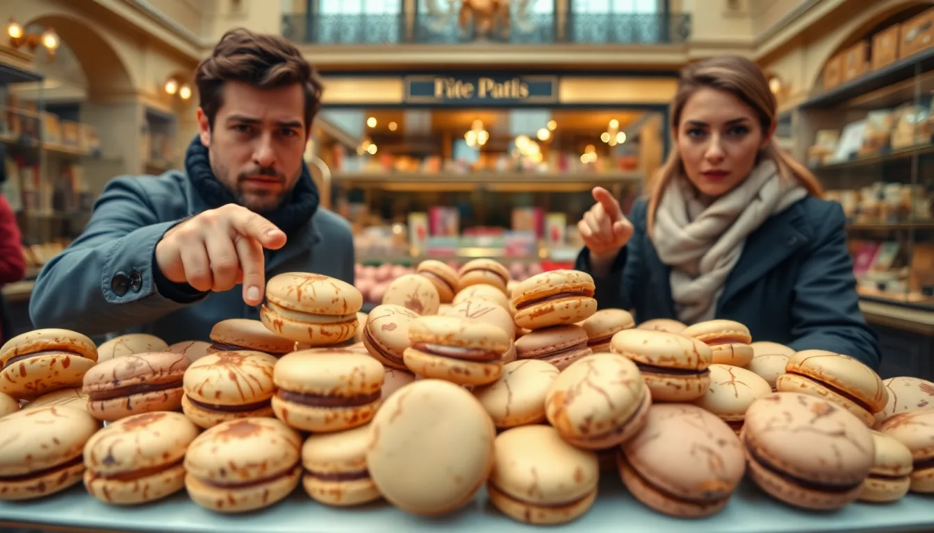 Touristes regardant avec dégoût une boîte de macarons de mauvaise qualité.