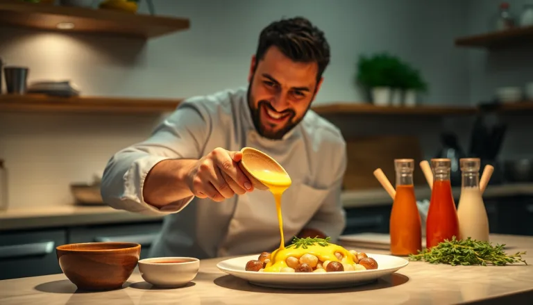 Un chef cuisinier parisien, souriant, présente plusieurs sauces onctueuses et appétissantes dans des ramequins.