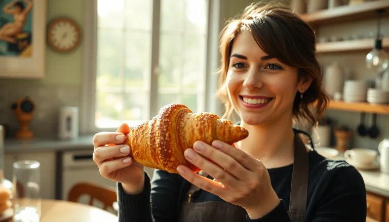 Un croissant parisien parfaitement feuilleté, dorée et appétissante, posé sur un plan de travail.