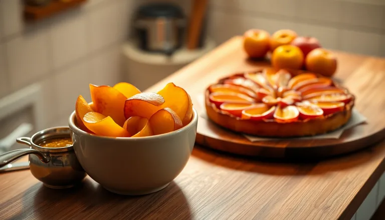 Des épluchures de pommes disposées artistiquement autour d'une tartelette.