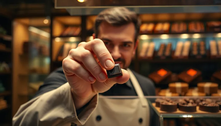 Chocolatier parisien montrant une tablette de chocolat et soulignant un point d'attention.