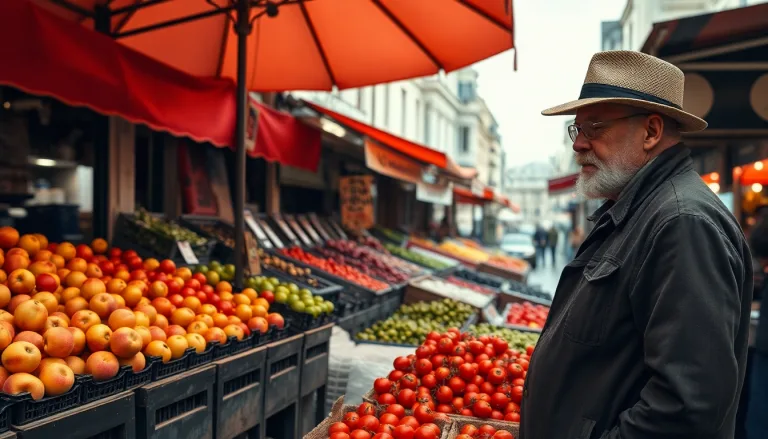 Marché parisien désert sous une forte chaleur, avec des étals de fruits visiblement affectés.