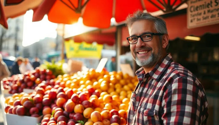 Marché parisien ensoleillé avec des fruits mûrs