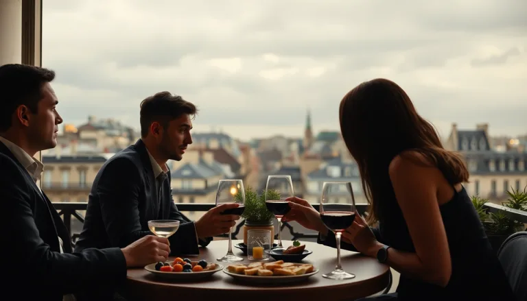 Table d'apéritif parisien dressée, avec une mise en bouche qui a visiblement échoué au centre.