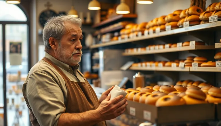 Un sac de farine posé sur un comptoir de boulangerie parisienne, avec des prix affichés.