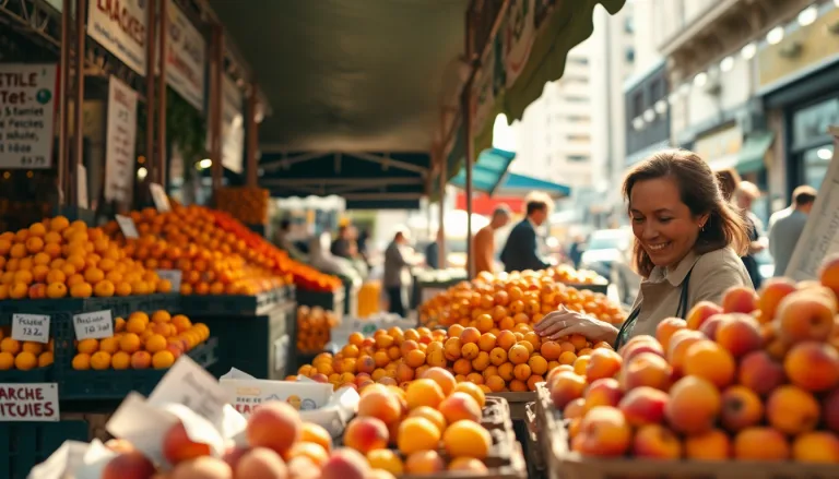 Des fruits colorés et très mûrs exposés sur un marché parisien sous un soleil ardent
