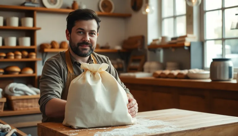 Boulanger parisien désespéré devant ses sacs de farine