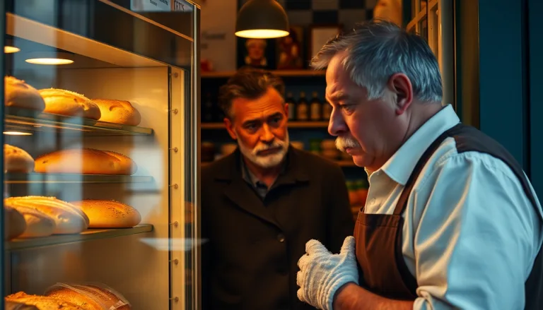 Un boulanger parisien devant sa vitrine avec un air soucieux