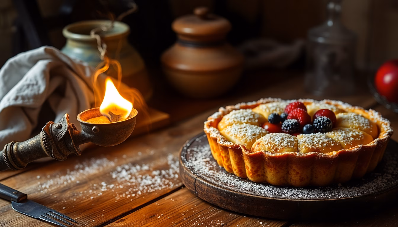 Gros plan sur un vieux torchon de cuisine à côté d'une tarte aux fruits