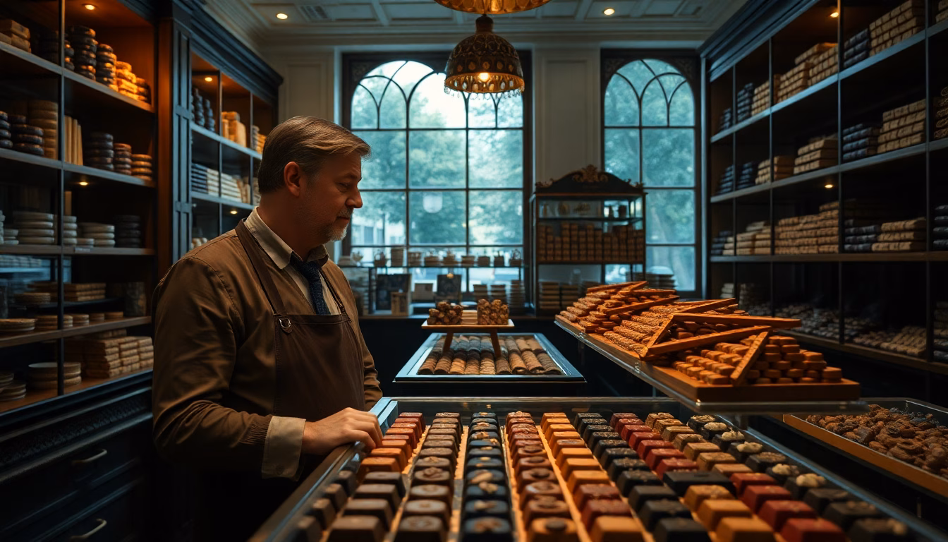 Un artisan chocolatier parisien montrant un morceau de chocolat devenu mou, avec des plaquettes intactes en arrière-plan.