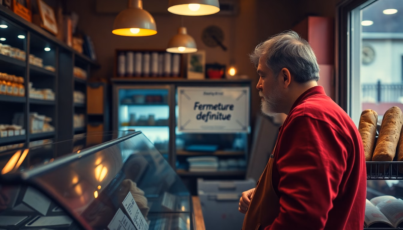 Un boulanger parisien l'air inquiet devant sa vitrine vide
