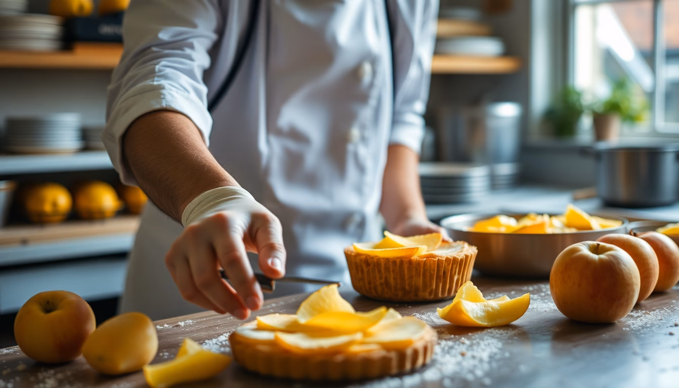 Épluchures de pommes transformées en éléments décoratifs pour un dessert parisien