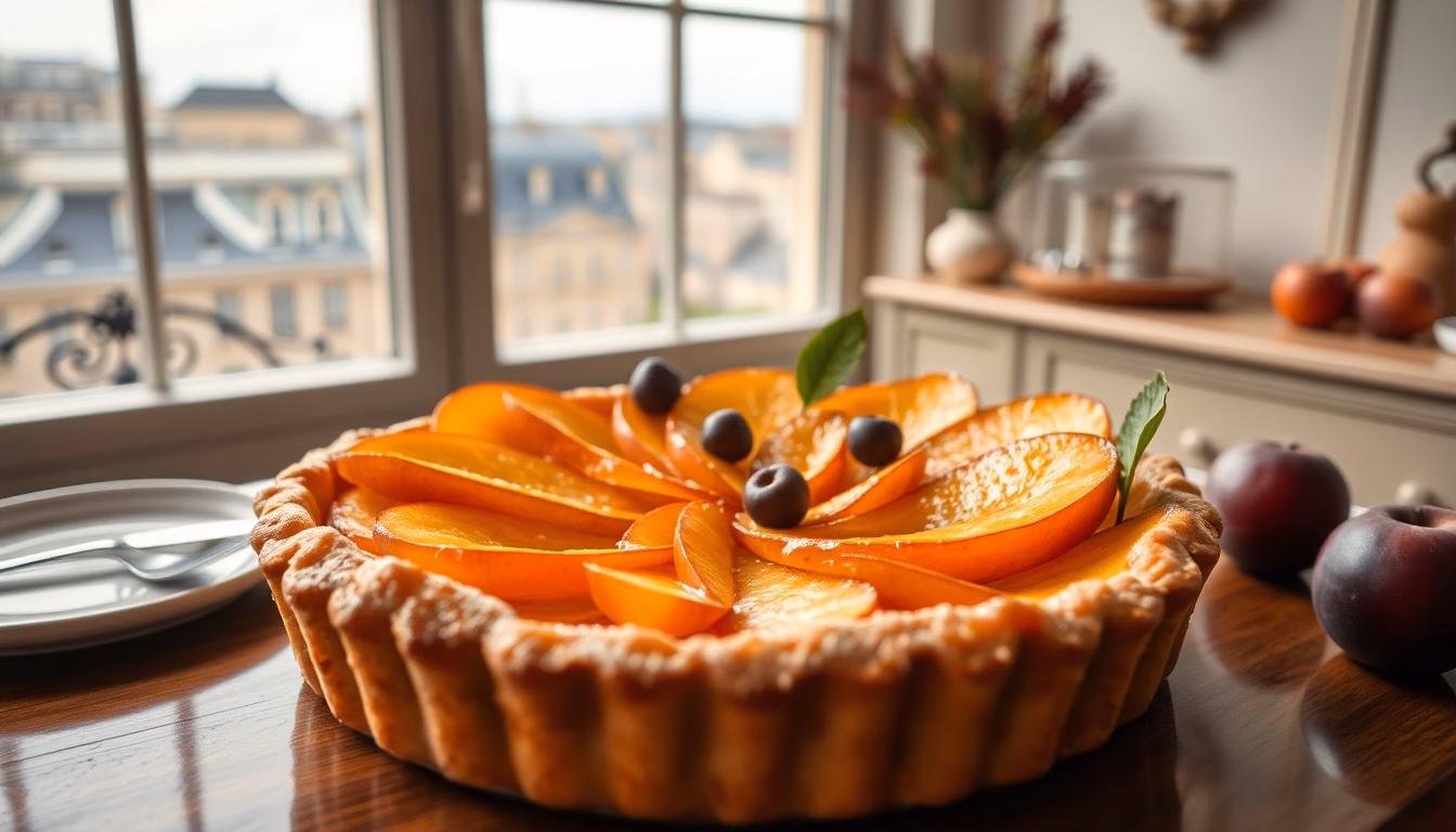 Un tas d'épluchures de pommes disposées artistiquement, avec un dessert parisien appétissant en arrière-plan.