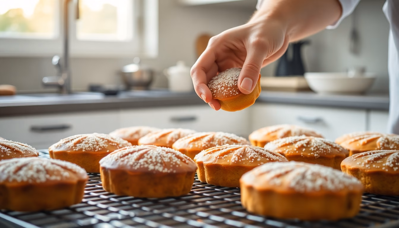 Gros plan sur un financier parisien parfait, fondant et doré.