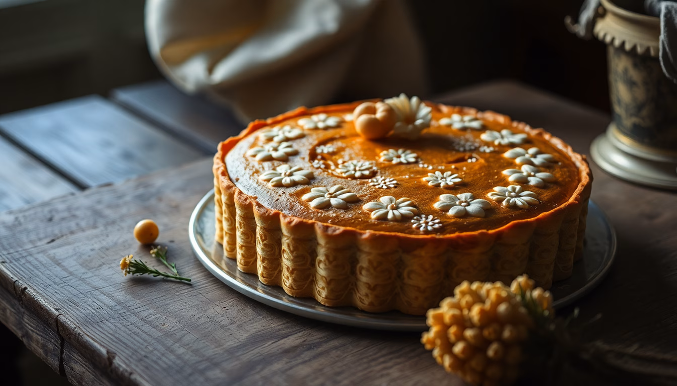Un torchon de cuisine ancien à côté d'une tarte aux fruits
