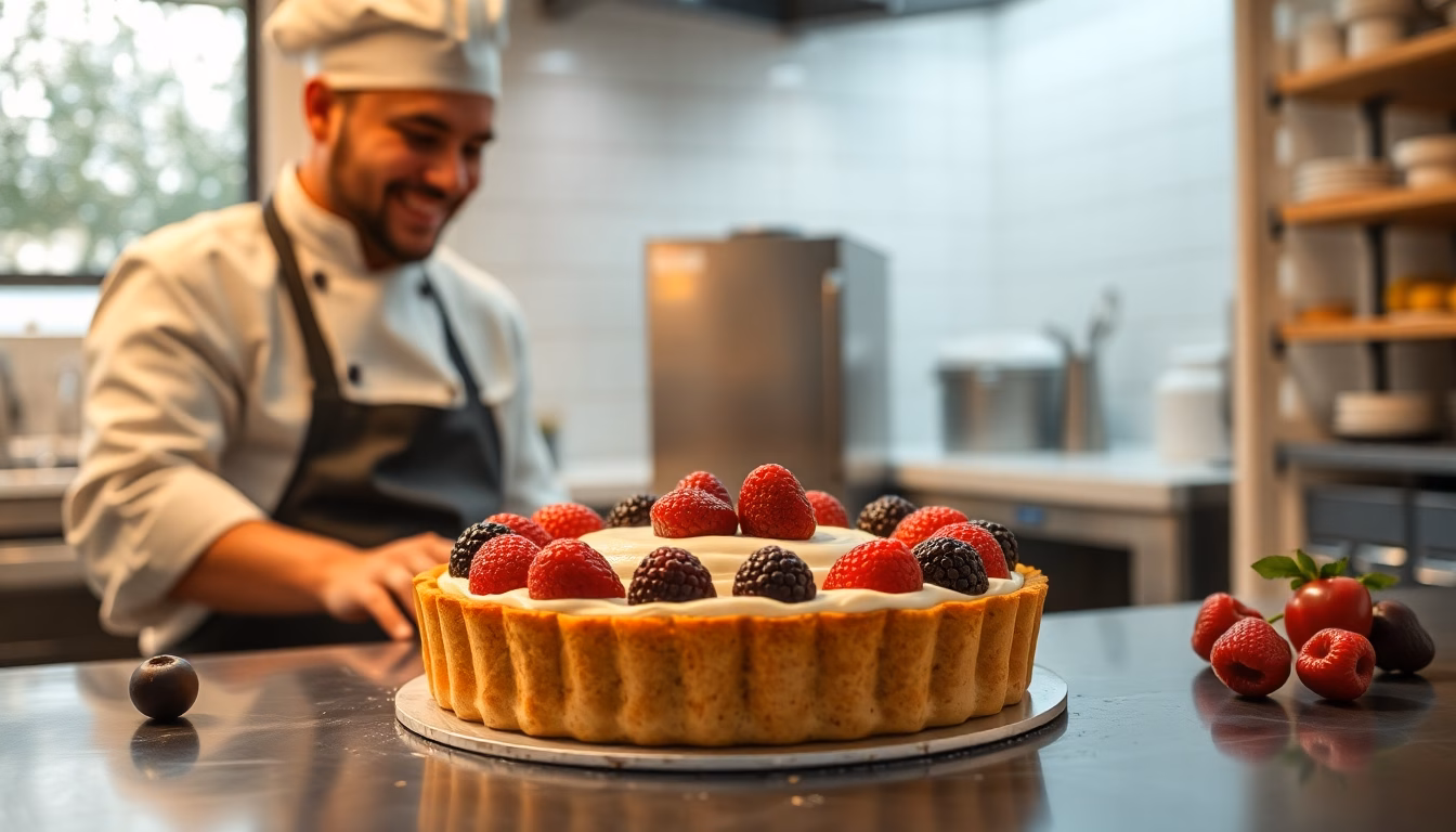 Une belle tarte aux fruits colorés, sans cuisson, présentée sur une planche en bois.