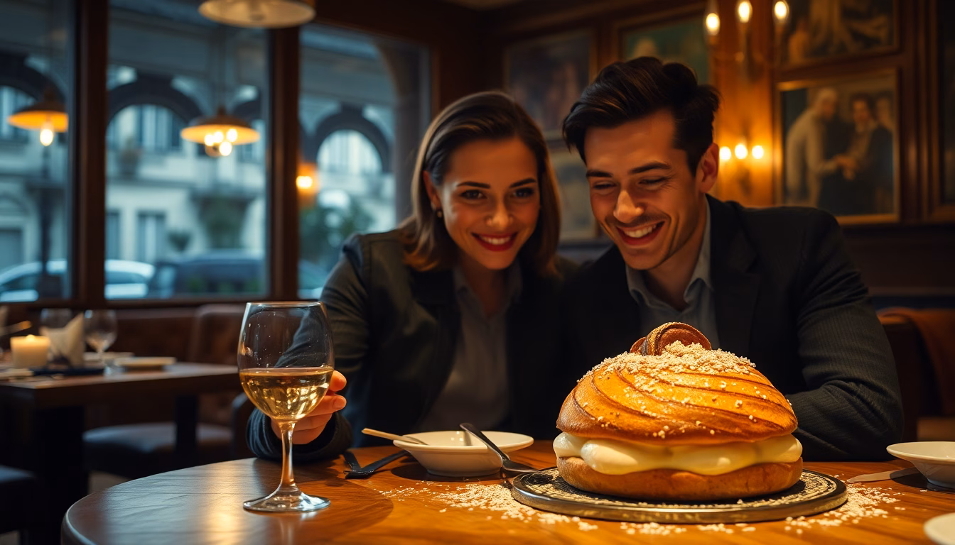Restaurant parisien typique avec une assiette de Paris-Brest