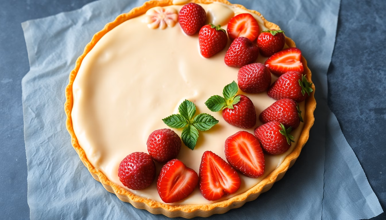 Tarte aux fraises fraîchement préparée avec des fruits rouges brillants.
