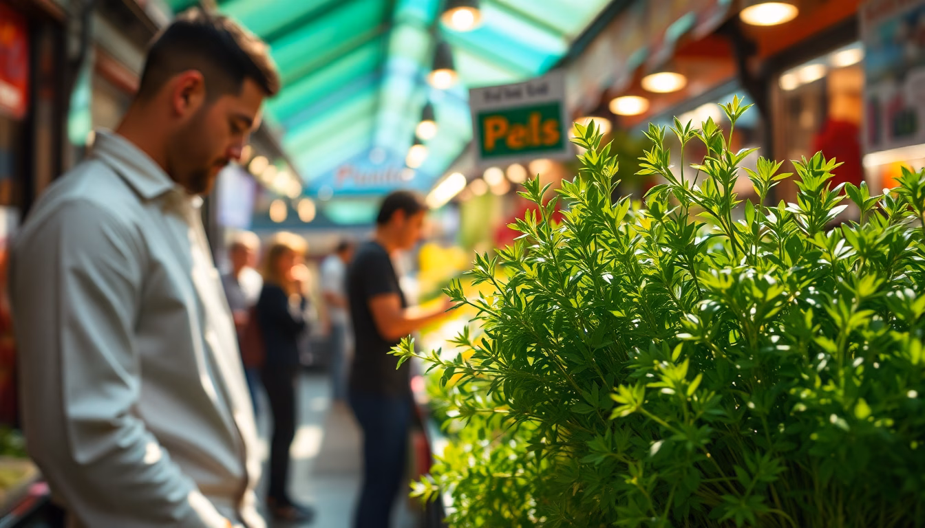 Un bouquet d'herbes aromatiques rares et parfumées sur un étal de marché parisien.