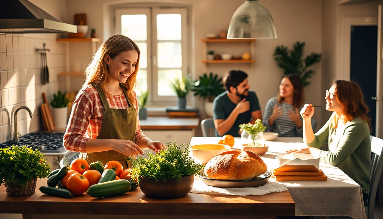 Personne souriante préparant un plat simple et appétissant