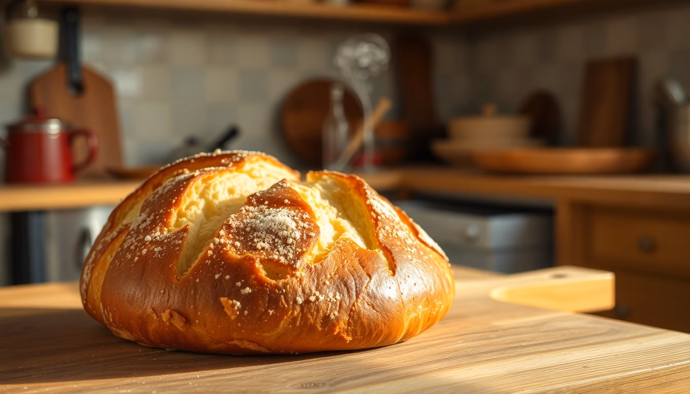 Une miche de pain maison dorée et croustillante sur une planche en bois.