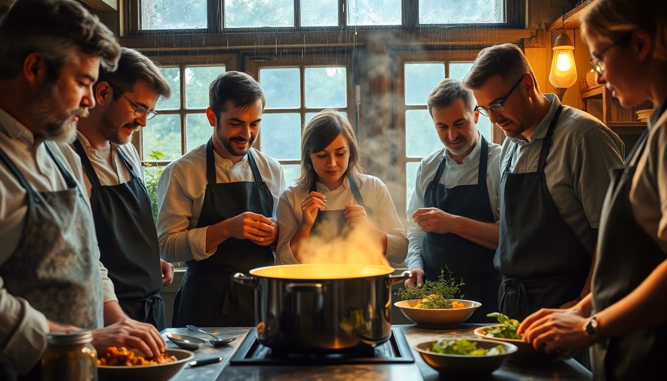 Un bol fumant de bouillon parfumé, garni d'herbes fraîches et de légumes coupés.