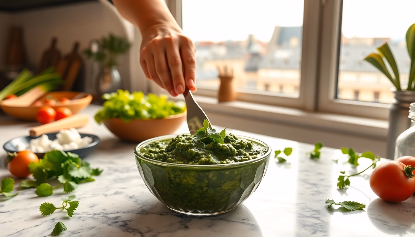Un pesto vert vif préparé avec des fanes de radis, servi sur du pain.