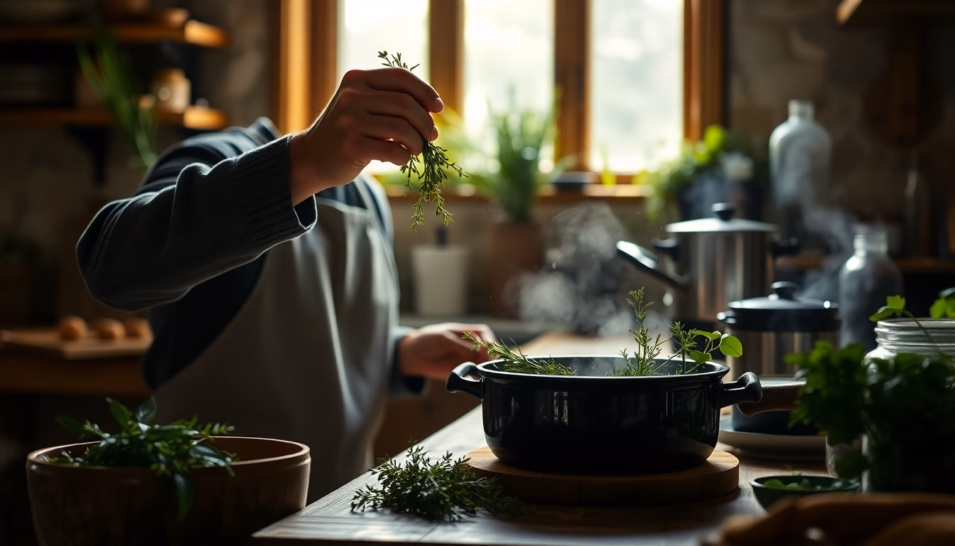 Un bol de bouillon fumant garni d'herbes fraîches.