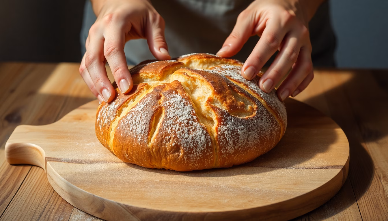 Un pain artisanal fraîchement sorti du four, coupé en tranches, révélant une croûte dorée et une mie aérée.