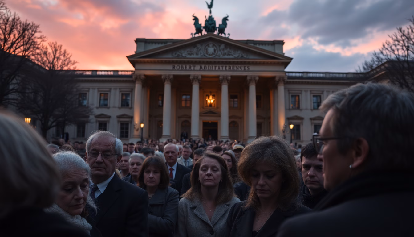 foule silencieuse rendant hommage devant une statue